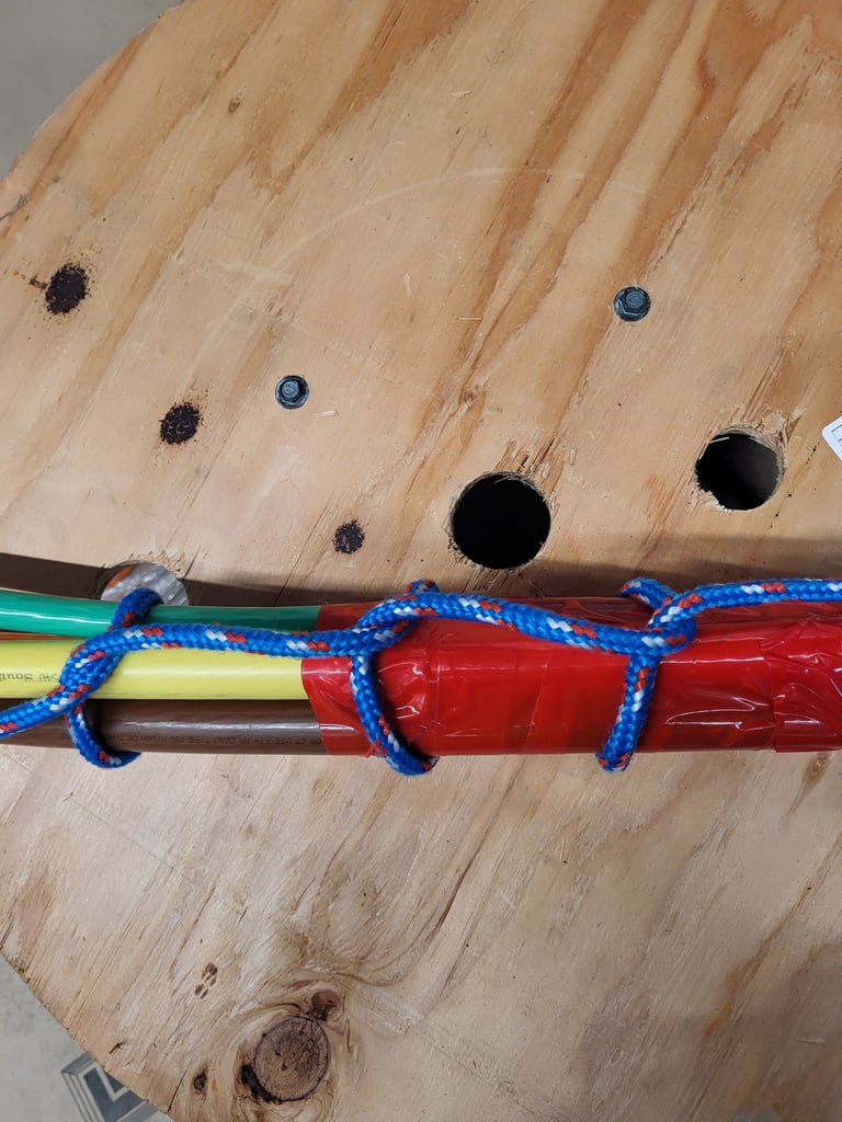 Half Hitches securing a wire head of high voltage thhn conductors