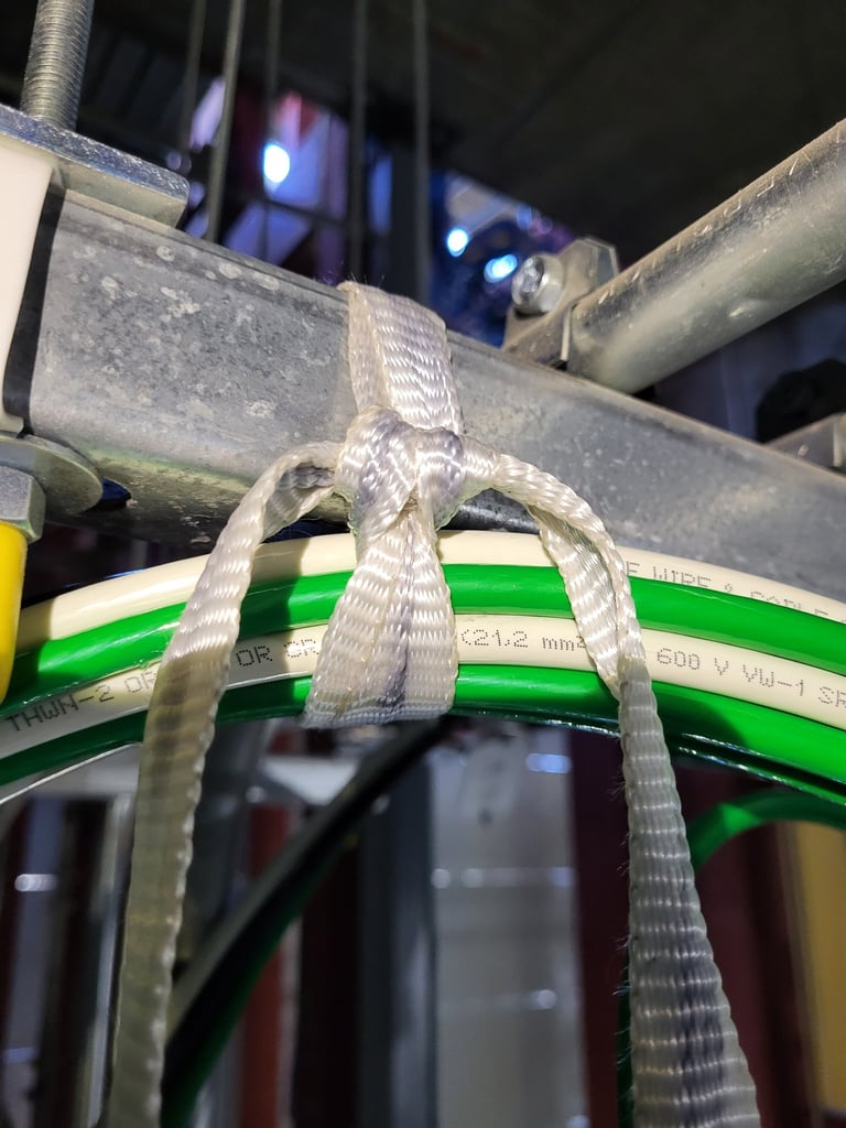 Woodlands Ziptie Knot securing a bundle of heavy electrical conductors to Unistrut