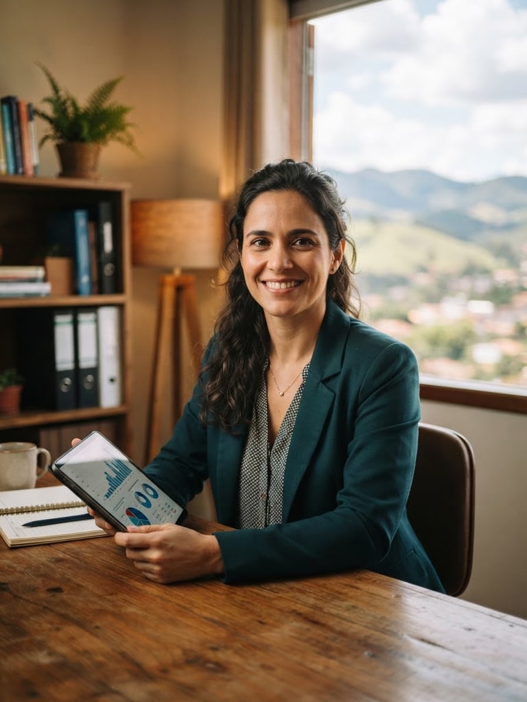 Portrait of a professional consultant in a warm office in Minas Gerais, smiling naturally, soft window light, wooden desk with a tablet showing clean growth charts, Jaboticatubas landscape visible softly through the window, shallow depth of field, 35mm photography