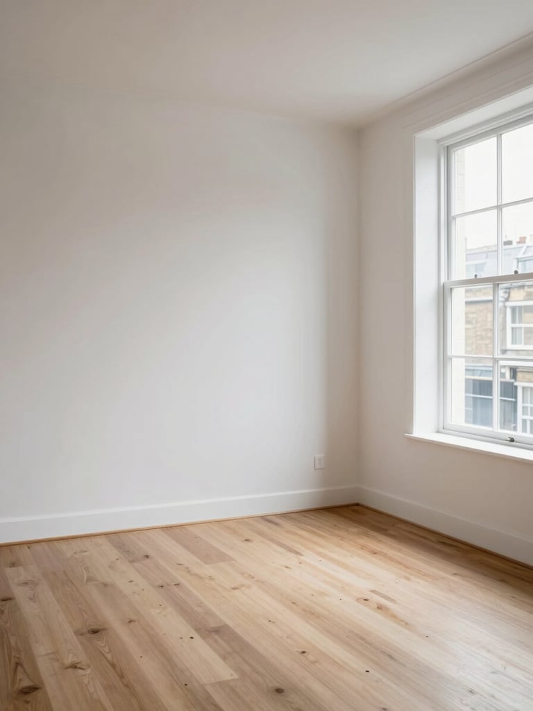 Wide portrait view of an empty bright London living room, large sash window on the right letting in clean north-facing daylight, bare hardwood floor, plain white walls, no furniture or people, shot from standing eye-level showing room proportions