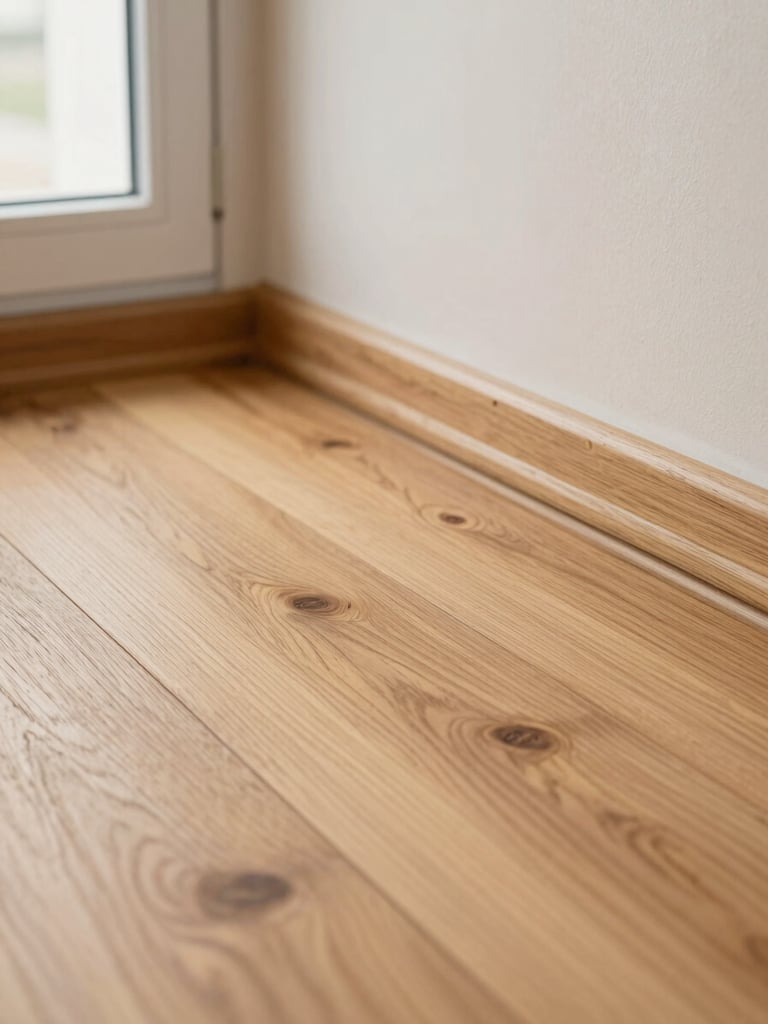 Close-up detail of clean hardwood flooring near a skirting board, bright natural light from an off-frame window, plain painted wall visible, no people, sharp and even exposure