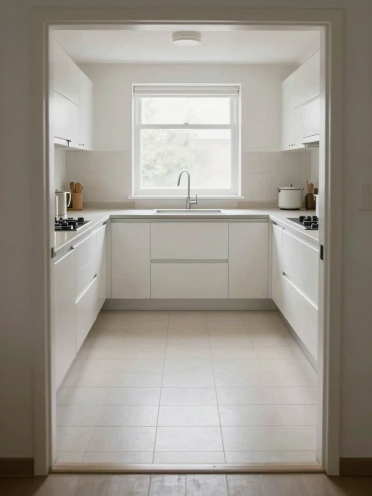 Wide angle of an empty kitchen from the doorway, white fitted units, natural light from a window above the worktop, pale tiled floor, no people or clutter, bright and clinical