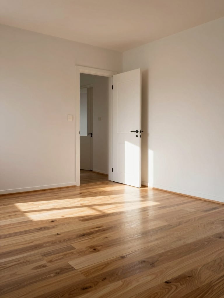 Empty bedroom photographed from corner angle, wide wooden floorboards catching afternoon window light, plain walls, door ajar revealing hallway beyond, no people or furniture, bright and airy