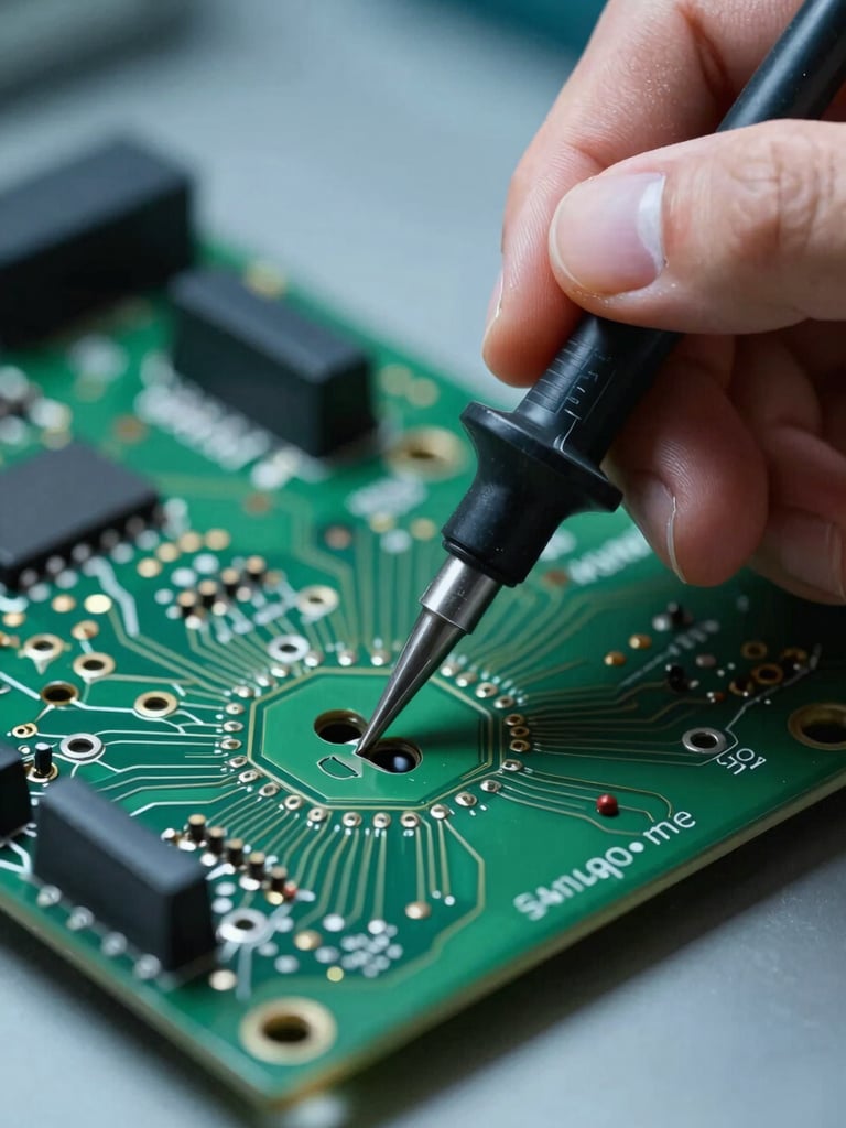 Macro close-up of a technician's hand using a fine-tipped digital multimeter probe on a green printed circuit board, cool clinical lighting, sharp focus on solder points.