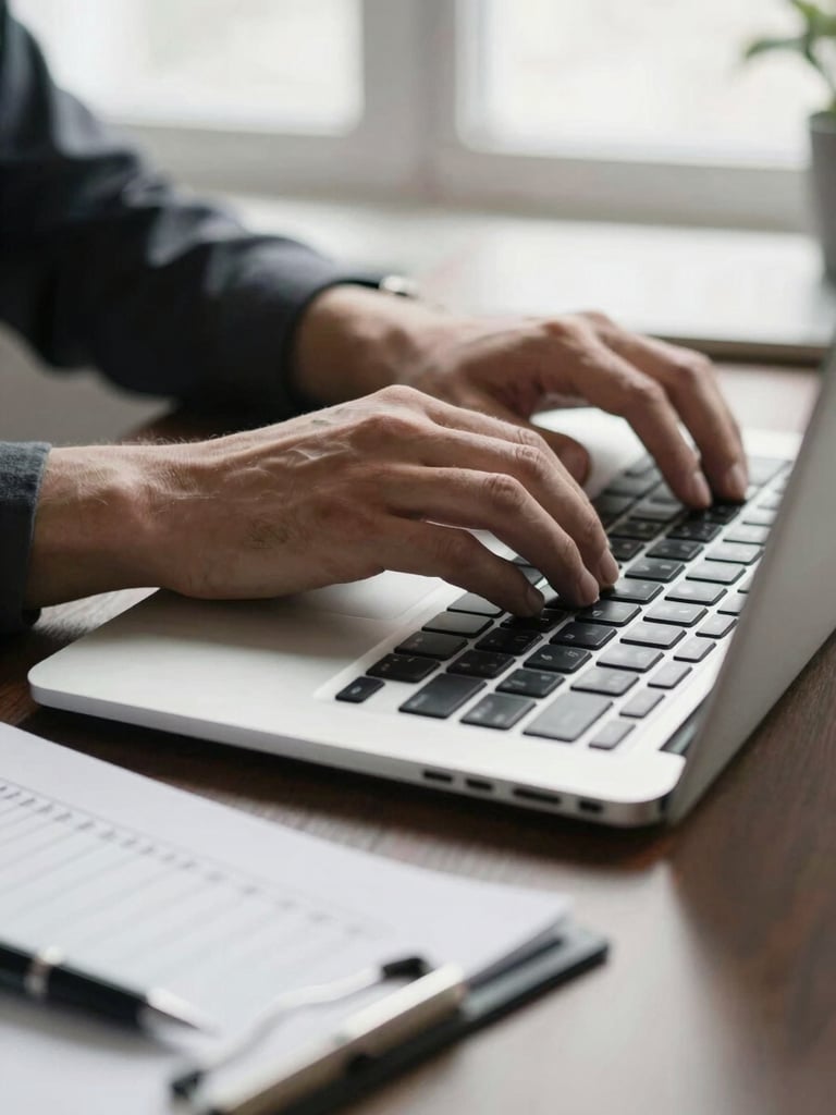 Close-up of a person's hands resting on a laptop keyboard at a clean desk, natural morning window light, a printed checklist and pen visible at the edge of the frame, monochrome workspace feel