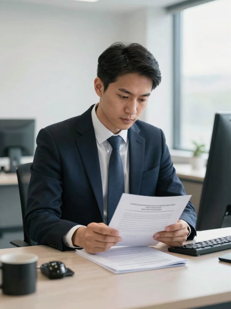 A professional investigator in business-casual attire reviewing legal documents in a bright, clean Kansas City office environment, 35mm.
