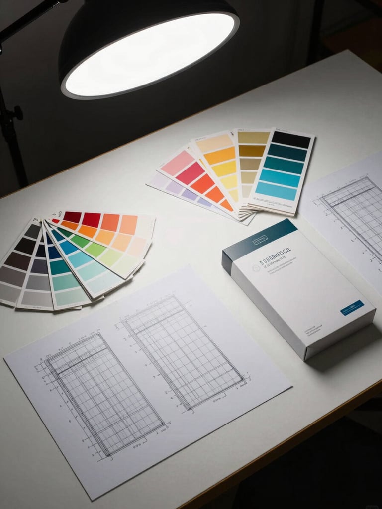 Overhead view of a studio worktable with printed dieline proofs, a color swatch fan, and a packaged product prototype, clean strobe lighting from above, no people