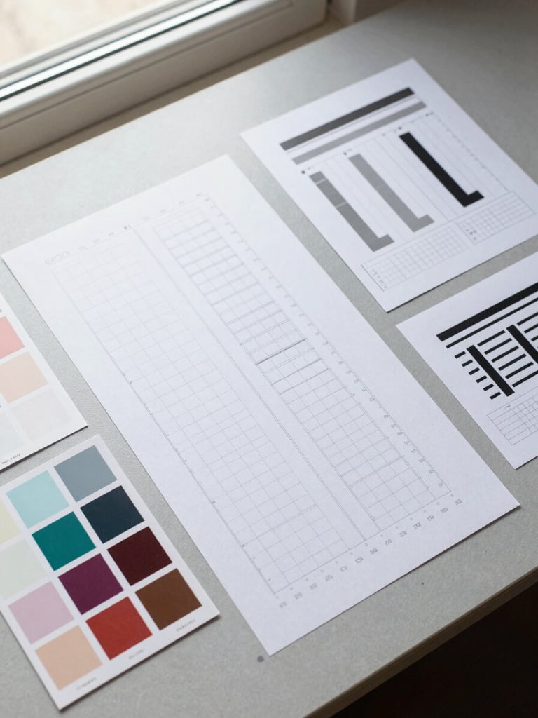 Overhead flat-lay of a packaging design system in progress — printed dieline proof, color swatch cards, and typographic scale sheet arranged on a light grey work surface, natural window light from above, no hands visible, crisp shadow detail