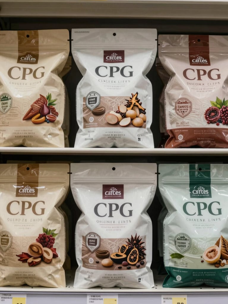 Close-up overhead flat-lay of competing CPG packages arranged on a retail shelf surface, studio strobe lighting showing label hierarchy and structural variation, neutral background