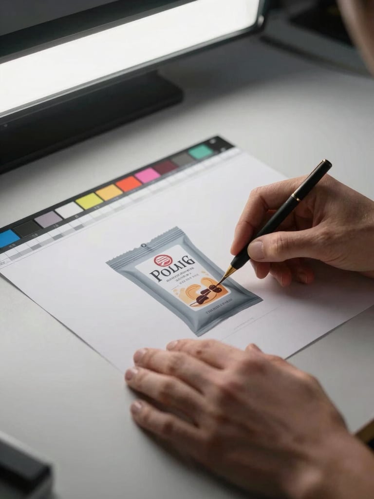 Close-up of a designer's hands reviewing a printed packaging proof on a light gray table, a color calibration strip visible along the edge, clean studio strobe lighting from above, ink registration marks visible at the margin, no faces