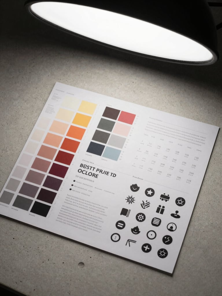 Overhead flat-lay of a design specification sheet showing color swatches, typographic scale specimens, and icon set arranged on a light concrete surface, studio strobe overhead, no hands visible