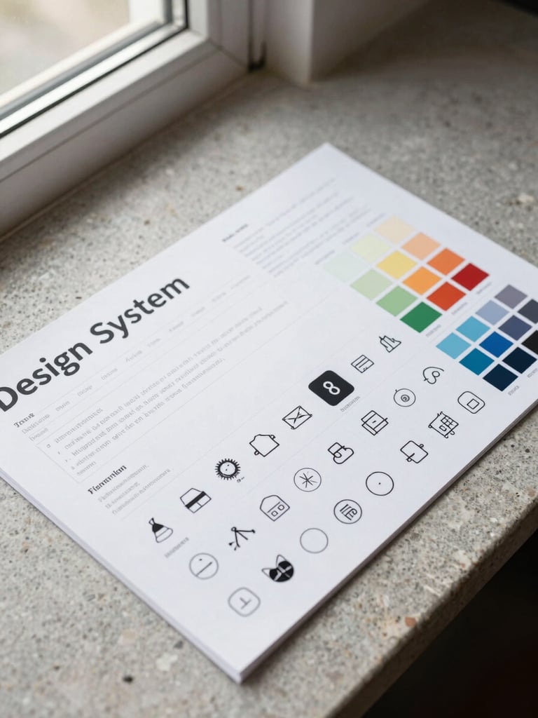 Design system specification sheet laid flat on a stone surface — typographic scale, color swatches, and icon grid visible, clean window light from the left, no hands
