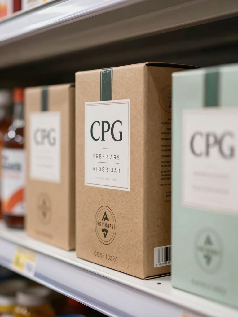Close-up of a premium CPG product box on a retail shelf, clean studio strobe lighting from the left, matte paperboard surface with visible print detail, neighboring competitor products slightly out of focus in background, tight vertical framing emphasizing shelf presence