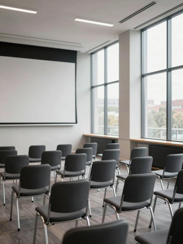 Empty modern conference room interior, rows of chairs facing a projection screen, natural daylight from tall windows on the right side, clean lines and muted tones, no people