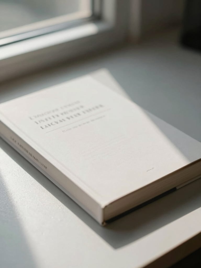Close-up of a book cover lying flat on a clean light-gray desk, natural daylight from a side window casting a soft shadow, title text visible but not legible, minimal surrounding clutter