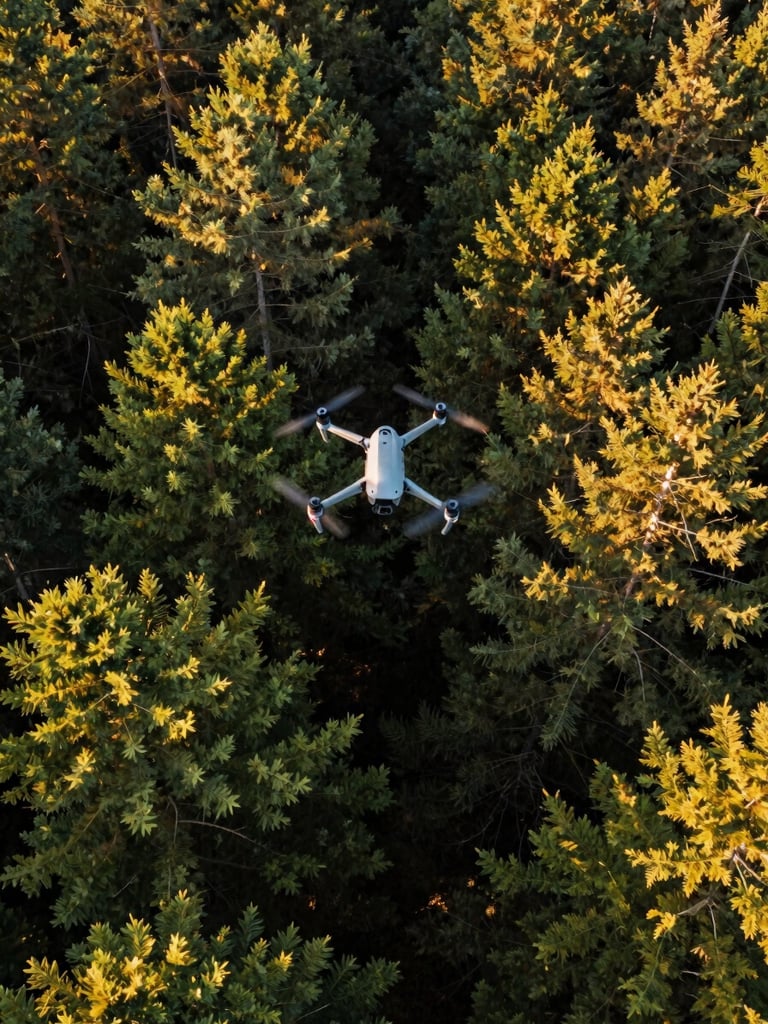 Wide aerial FPV flight still, drone banking sharply through a dense forest corridor at golden hour, tree canopy geometry filling the right frame edge, warm natural light raking across the treetops, motion blur on wingtips, sharp center line through the green tunnel