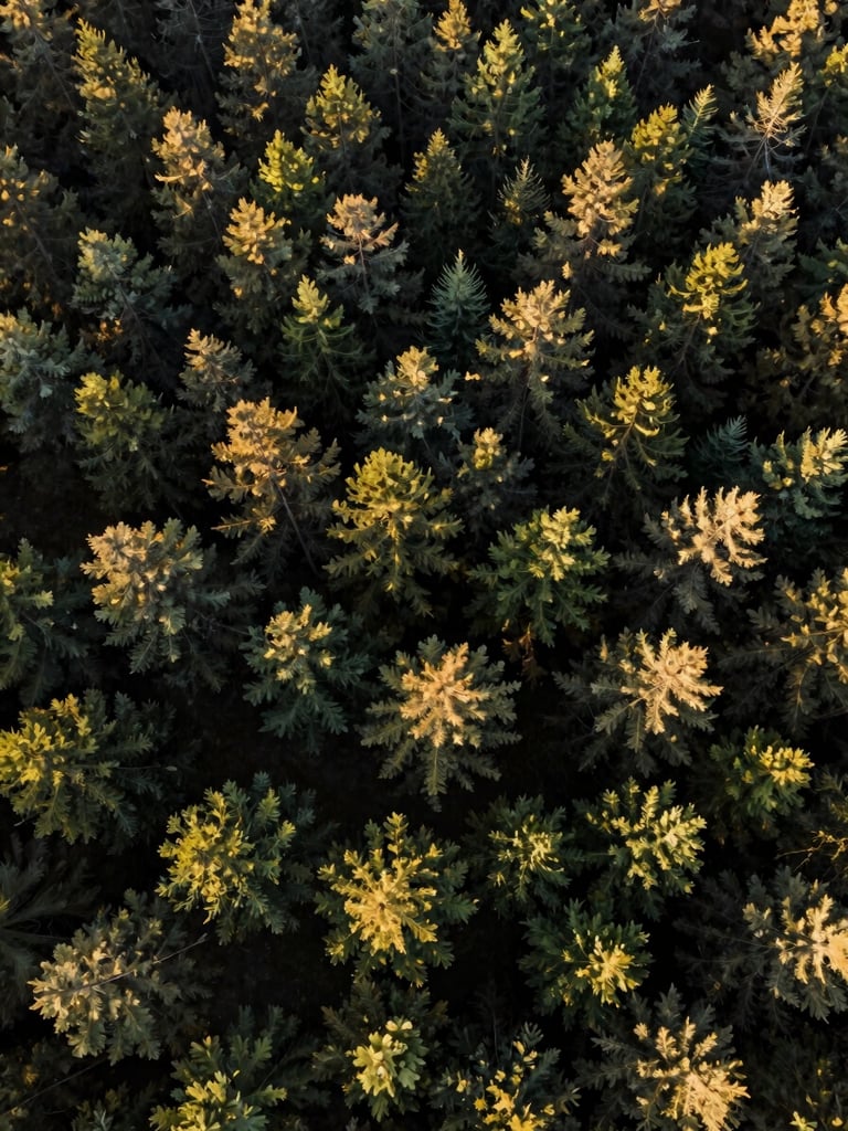 Close aerial frame from drone height above a forest clearing, late-afternoon light catching individual tree crowns, geometric shadow patterns cast across the ground below, no people, no sky, only canopy texture and spatial depth