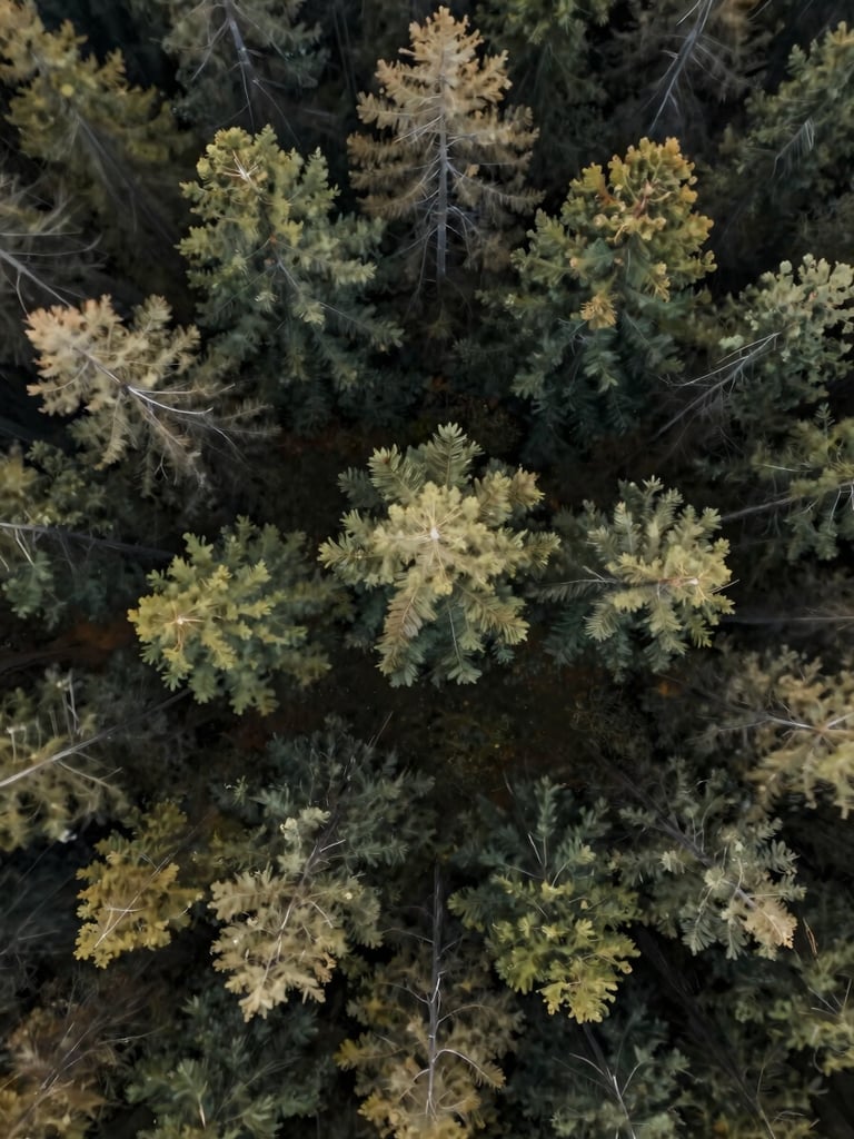 Close aerial view from drone height over a forest clearing, motion blur at the edges suggesting speed, tree geometry sharp at center, natural diffused light, no people