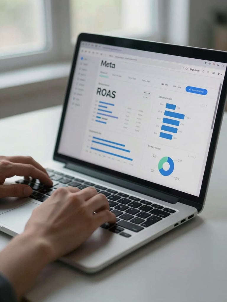 Tight framing of a hand scrolling through a Meta Ads Manager screen on a laptop, showing ROAS figures and audience breakdown charts under cool natural window light on a minimal light-grey work surface