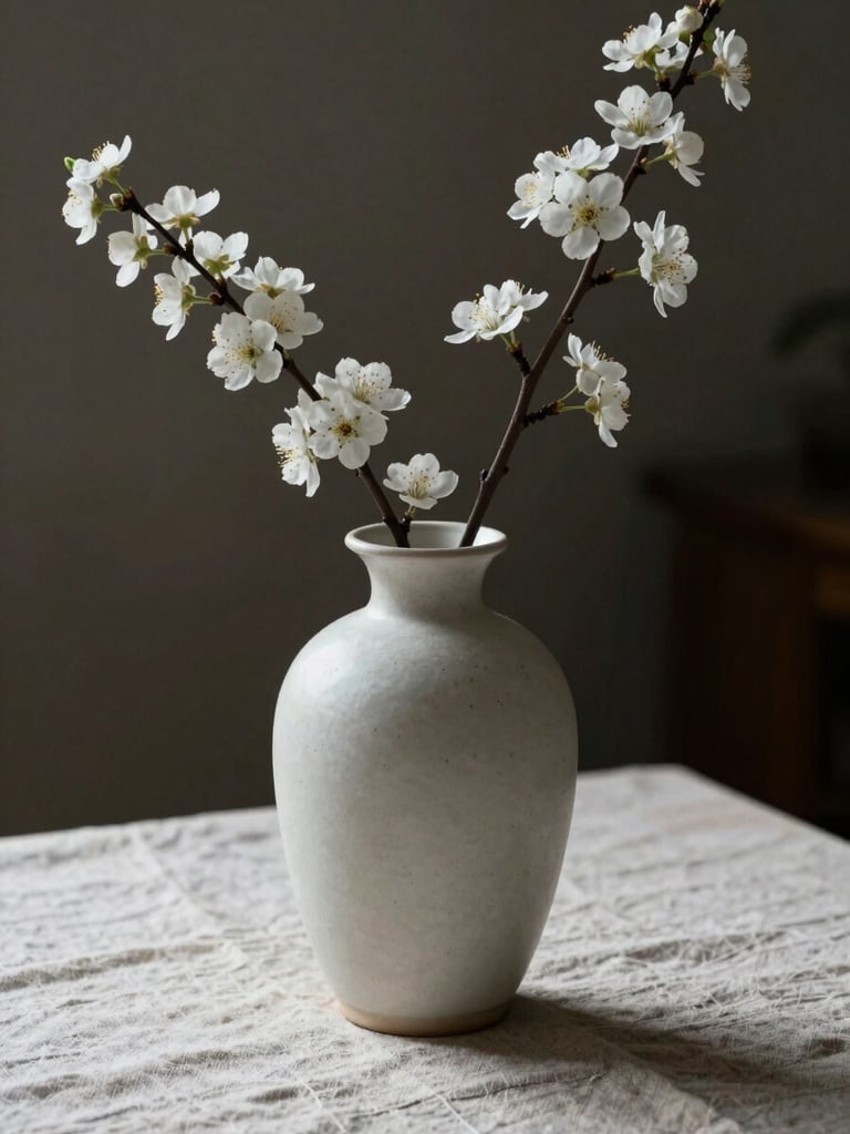 Soft, diffused natural light illuminating a single minimalist ceramic vase with white blossoms on a textured linen surface, dark quiet background.