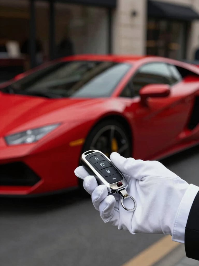 A close-up, high-fashion shot of a valet's hand in a white glove receiving a luxury car key fob. In the background, the blurred silhouette of a dark red sports car parked in front of a boutique. Lighting is elegant and theatrical, incorporating tones of #1A1A1A and #6A0505.