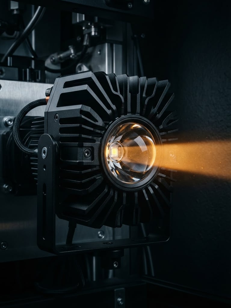 Macro product photograph of a modern architectural LED fixture, focusing on the precision aluminum heat sink and optical lens, sharp amber directional beam, dark technical background