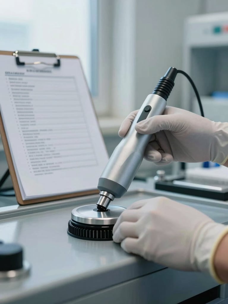 Close-up of gloved hands operating a specialized cleaning instrument on an industrial surface, equipment positioned at precise angle, protocol sheet mounted on nearby clipboard in background, cool even daylight from side window, clinical and controlled atmosphere