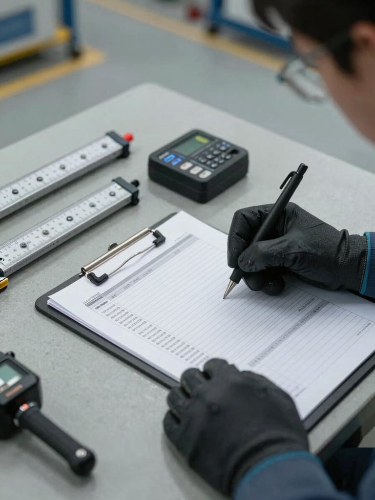 Close overhead shot of a technician's gloved hands marking a structured assessment form on a clipboard, industrial facility floor visible in background, cool diffused daylight, precision instruments and measuring tools arranged beside the form on a grey concrete surface