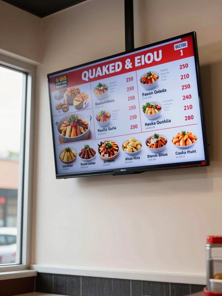 Close-up environmental shot inside a quick-service restaurant, a large wall-mounted TV displaying a bright digital menu board with food items and prices, natural indoor daylight from a window to the left, counter visible in the lower foreground, no people in frame