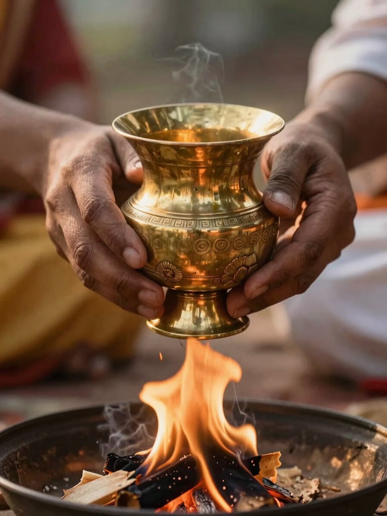 Dignified close-up of hands holding a sacred brass ritual vessel over a clean-burning homam fire, warm morning sunlight filtering through, clean and serene atmosphere.