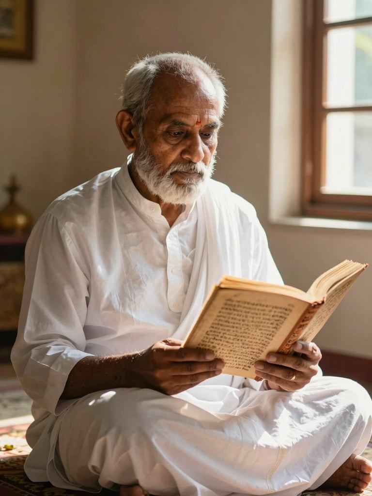 Dignified Vedic scholar in clean traditional white attire reading an ancient palm-leaf manuscript under warm morning light filtering through a window.