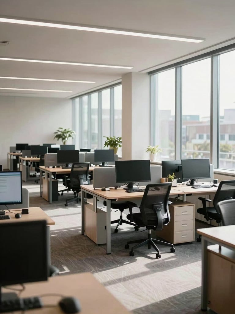 Wide environmental shot of an open-plan enterprise office floor, rows of workstations and dual monitors visible in the middle distance, daylight streaming through floor-to-ceiling windows on the right, clean and professional atmosphere, no posed figures