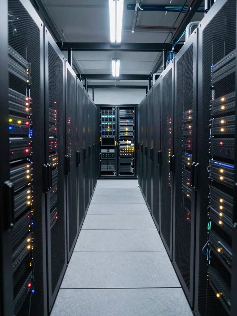 Panoramic view of a professional data center corridor, tall server racks with blinking status lights stretching into the background, overhead fluorescent lighting, clean cable management visible, no people, conveying scale and operational maturity