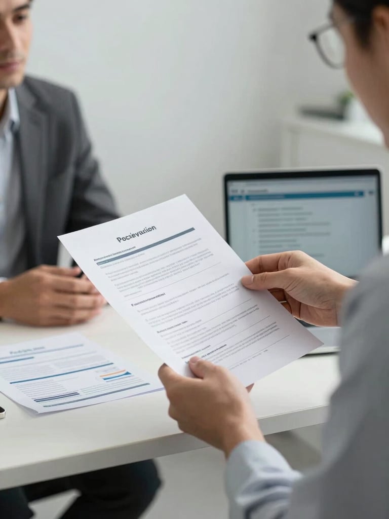 Close-up environmental frame of two professionals mid-handoff conversation at a standing desk, one passing a printed candidate brief to the other, clean studio strobe lighting, visible sales collateral and laptop screen in background, sharp focus on the exchange
