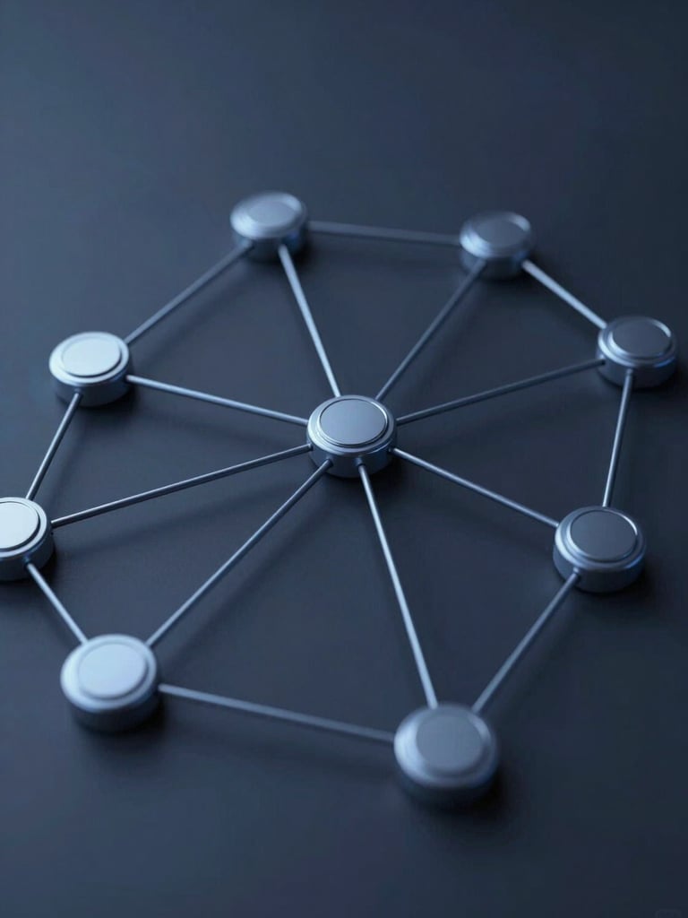 Sleek technical visualization of interconnected digital network nodes, cool low-key studio lighting, deep blue and slate tones, sharp focus, 35mm lens
