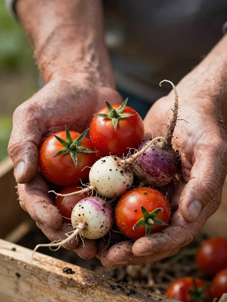 Extreme close-up, left-bleed composition: a farmer's weathered hands cradling a cluster of just-harvested cherry tomatoes and small radishes, soil still clinging to the roots, shot in soft natural daylight coming from the upper left, shallow depth of field, warm tungsten undertones in the shadow areas, rough wooden crate edge visible at the lower frame