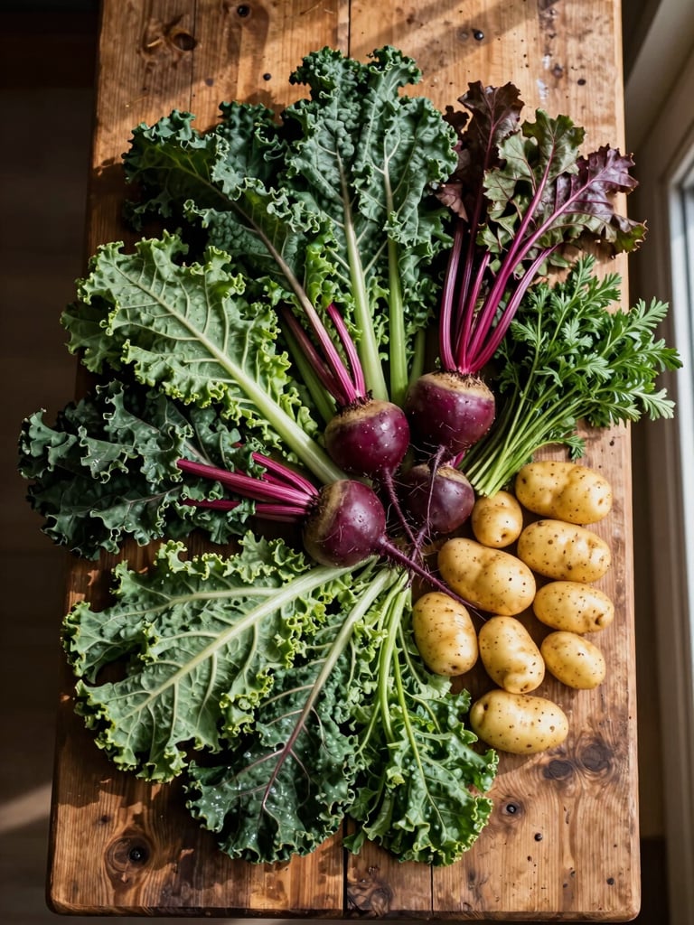 Overhead flat-lay on a worn wooden market table: a spread of seasonal vegetables — kale, beets, fingerling potatoes, a small bundle of herbs — arranged as if just unloaded from a crate, natural daylight from a side window casting long soft shadows, no styling, produce still damp from the field