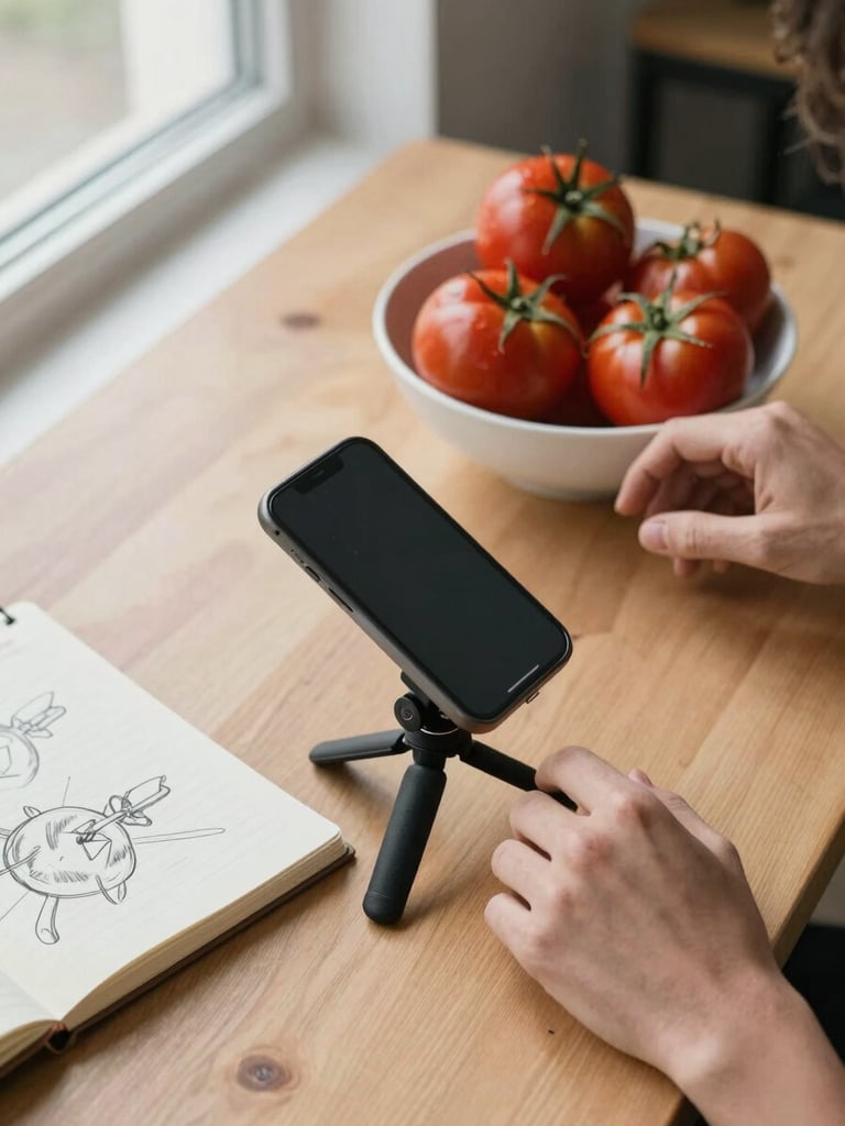 Extreme close-up overhead flat-lay of a wooden table in a small agency workspace — a phone propped on a mini tripod aimed at a bowl of heirloom tomatoes, a hand reaching in to adjust the angle, a content sketch notepad open beside it, natural window light from the left, no faces, mid-task candid feel