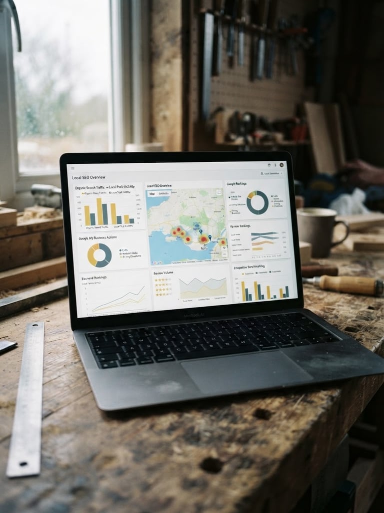 A close-up of a laptop screen showing clear local SEO dashboard metrics, set on a rustic wooden table in a Barry workshop, natural overcast daylight, sharp 35mm lens