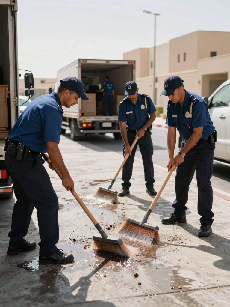 Uniformed crew members sweeping a concrete driveway clean after loading a truck, showing a spotless finish under bright Dubai sun.