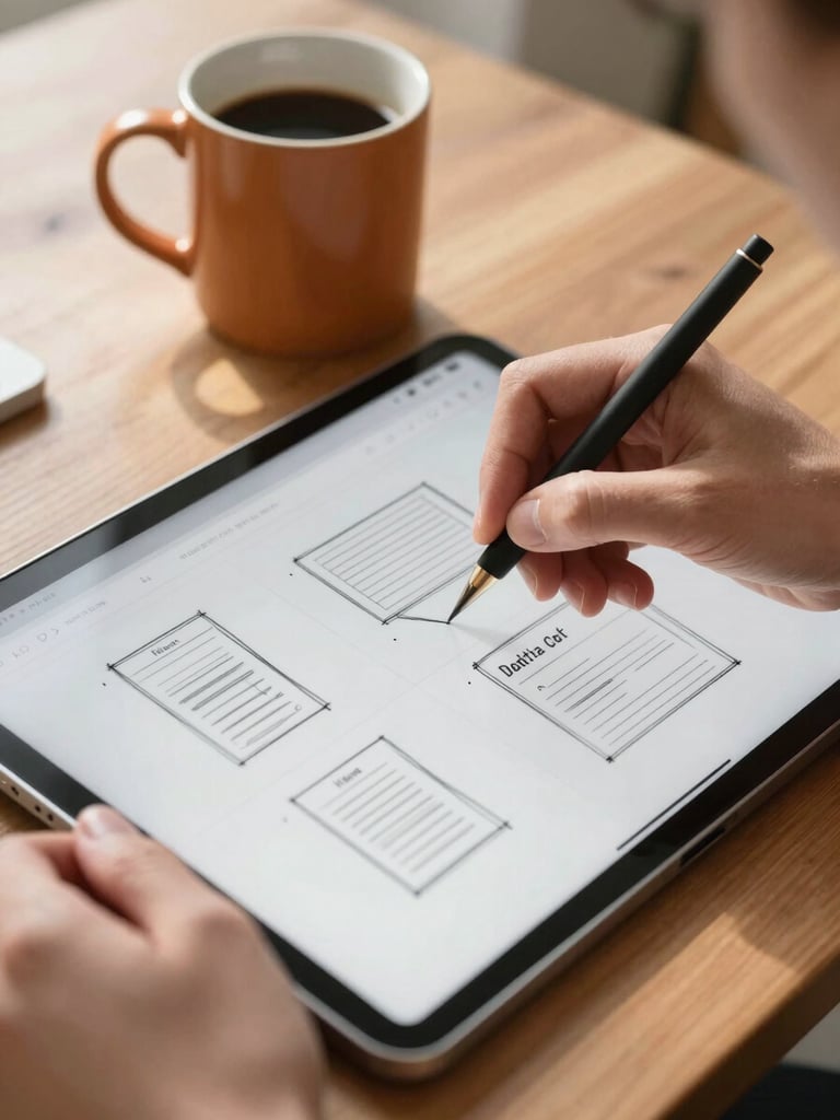 Close-up of hands sketching a website wireframe on a tablet next to a warm ceramic coffee mug on a wooden desk, natural morning light.