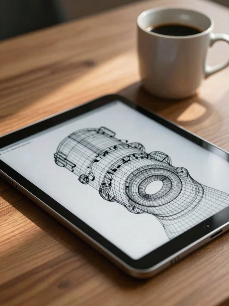 A close-up of a structured digital wireframe on a tablet resting on a warm wooden desk next to a ceramic coffee mug, soft morning light casting gentle shadows.