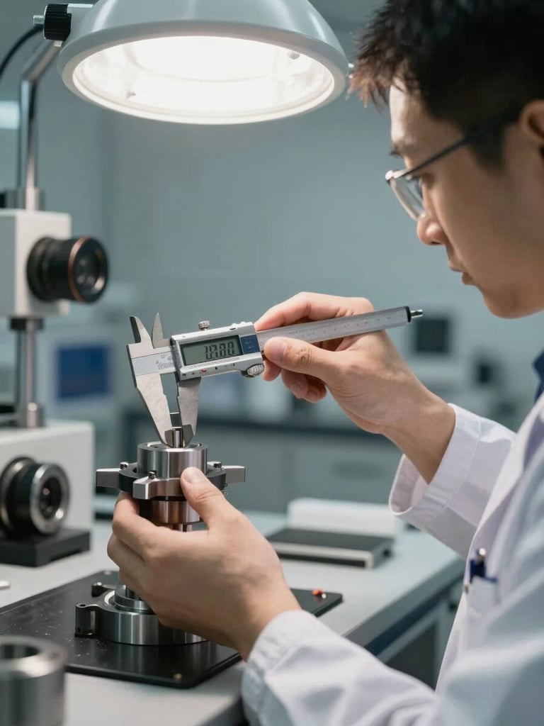 Industrial quality control inspector examining a machined component with a digital caliper under clean, bright laboratory light.