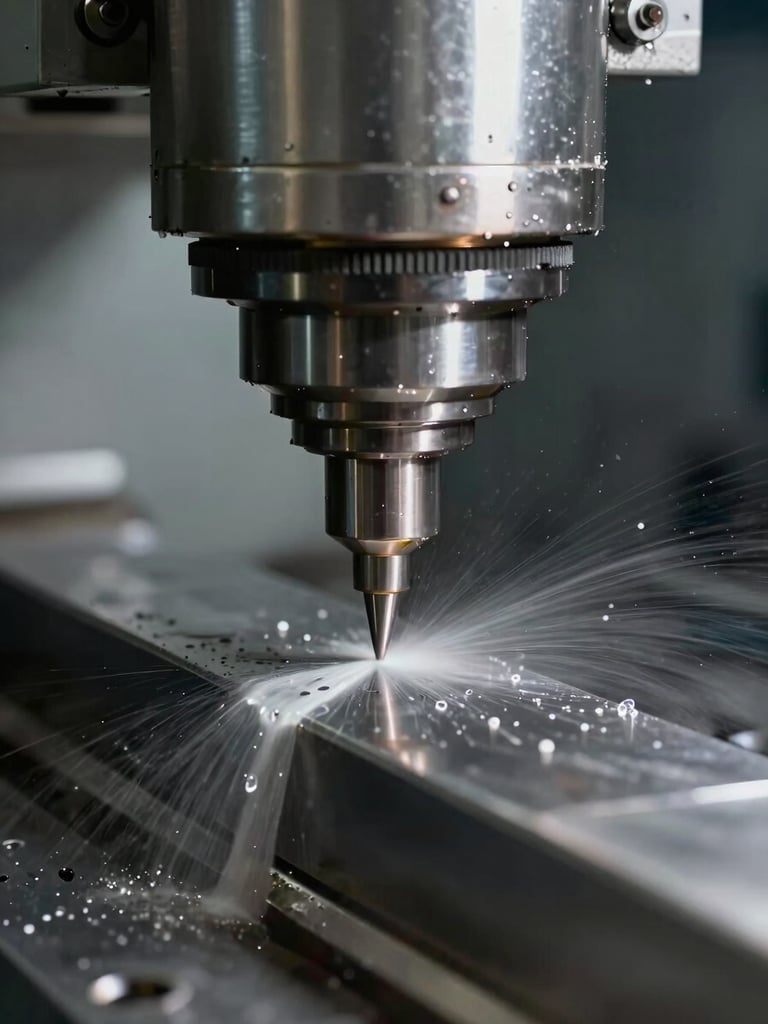 Macro close-up of a high-precision CNC milling machine cutting steel with coolant spray, crisp industrial lighting, sharp detail.