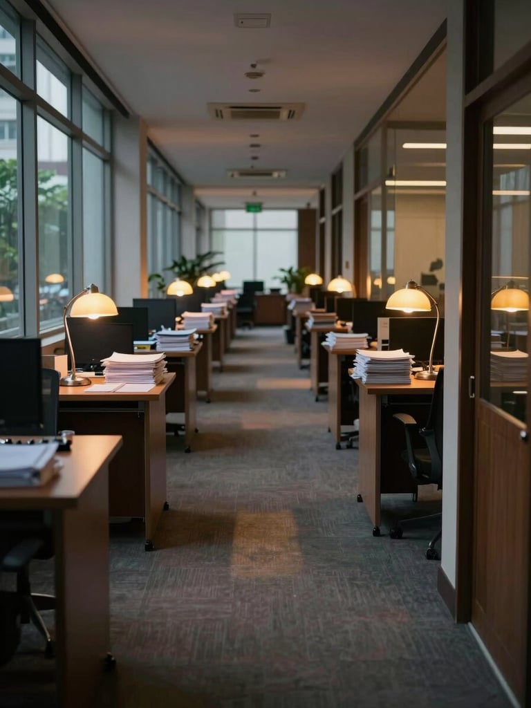 Wide shot looking down a narrow Jakarta editorial office corridor at dusk, empty desks with stacked papers and a single desk lamp glowing amber, natural fading daylight from a side window casting long shadows across the floor, no people visible