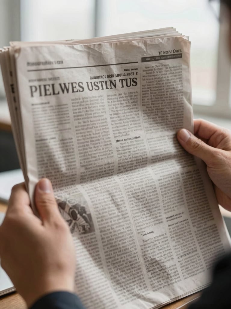 Extreme close-up of a journalist's hands holding a printed newspaper broadsheet, natural overcast window light casting soft shadows on newsprint texture, ink slightly smudged at the fold