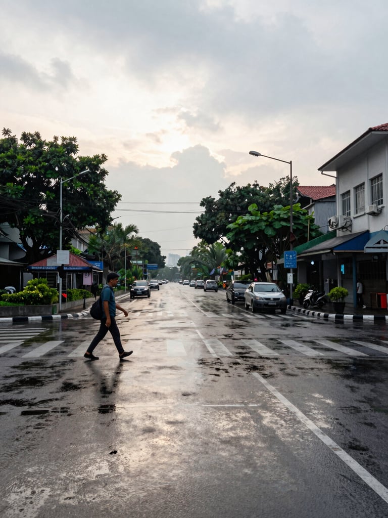 Wide street-level Jakarta scene at dawn, a lone figure crossing a rain-wet intersection in the left third, overcast sky reflecting silver on the asphalt, documentary framing, natural diffused light