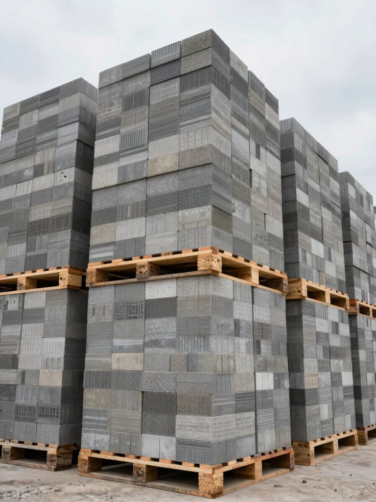 Wide environmental shot from low angle, stacked pallets of AAC blocks in a construction yard under overcast daylight, block edges crisp and uniform, inventory receding into depth, no workers, no text