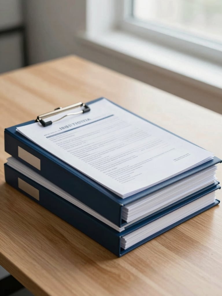A professional close-up of organized medical files and policy documents on a clean wooden table, soft natural window light, deep navy blue tones, high-trust atmosphere