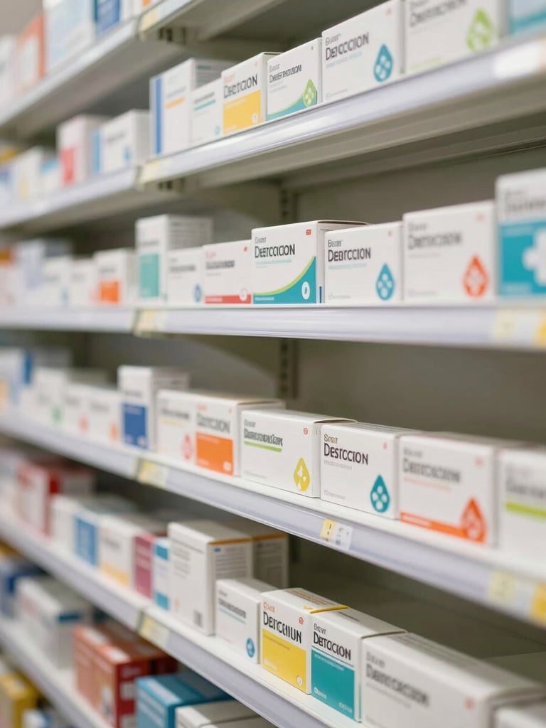 Close-up of neatly organized pharmacy shelves, medication boxes arranged by category in straight rows, bright warm-white clinical lighting, no people, clean and orderly depth of field
